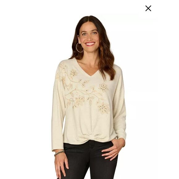 NEW! Democracy V-Neck Knot Hem Long-Sleeve Top Cream Size S Beaded Sequins - Picture 1 of 12
